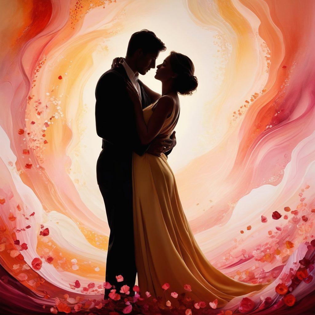 A tasteful and elegant depiction of an abstract representation of sensuality, featuring a silhouette of an adult couple in a gentle embrace, surrounded by flowing colors symbolizing emotions and intimacy. The background includes soft patterns resembling waves or fabric, enhancing a sense of warmth and allure. Incorporate elements like rose petals and subtle golden accents to convey sophistication. soft focus. vibrant colors. elegant design.
